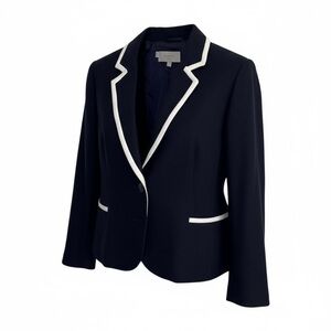 Hobbs London Womens Navy Linen Blazer Ivory Trim Cropped Jacket 12 Quiet Luxury